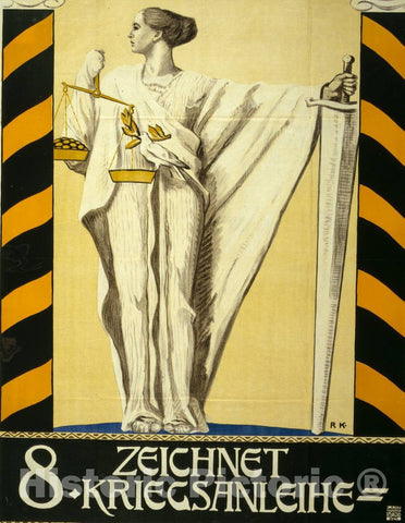 Vintage Poster -  Zeichnet 8. Kriegsanleihe -  R.K., Historic Wall Art