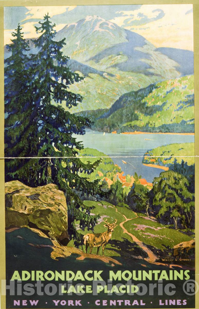 Vintage Poster -  Adirondack Mountains, Lake Placid New York Central Lines, Historic Wall Art