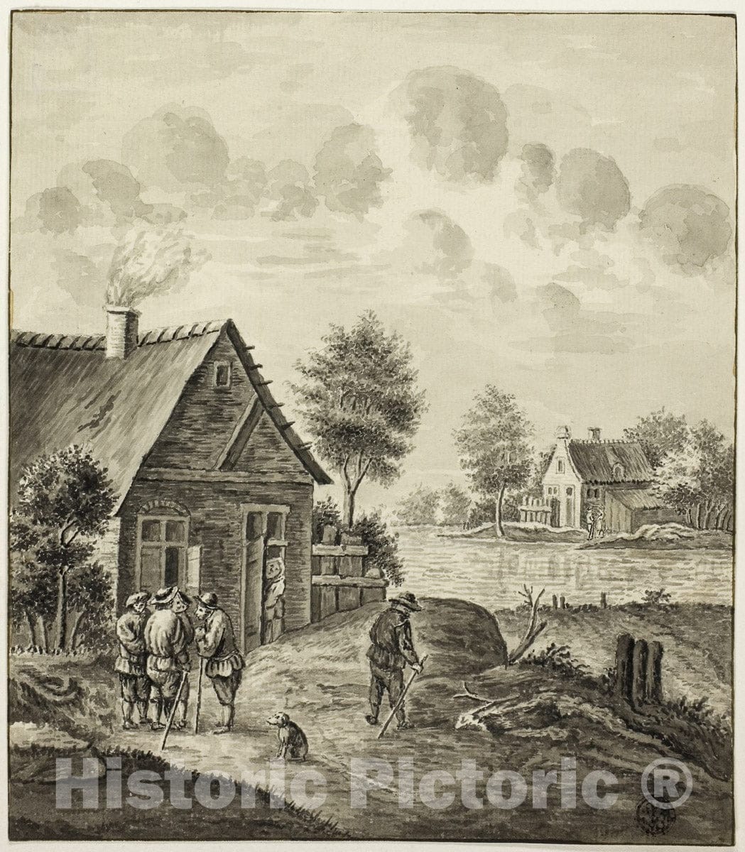 Art Print : Men Conversing Outside House Beside Canal, Isaac Van Ketweg, c.1779, Vintage Wall Decor :