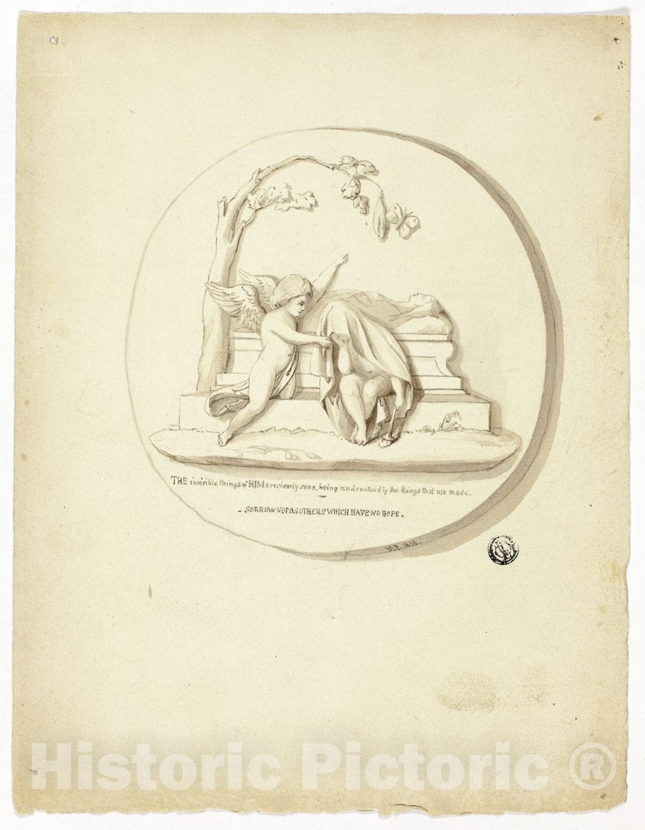 Art Print : Medallion with Two Putti Beside Tomb, Unknown artist, c 1800, Vintage Wall Decor :