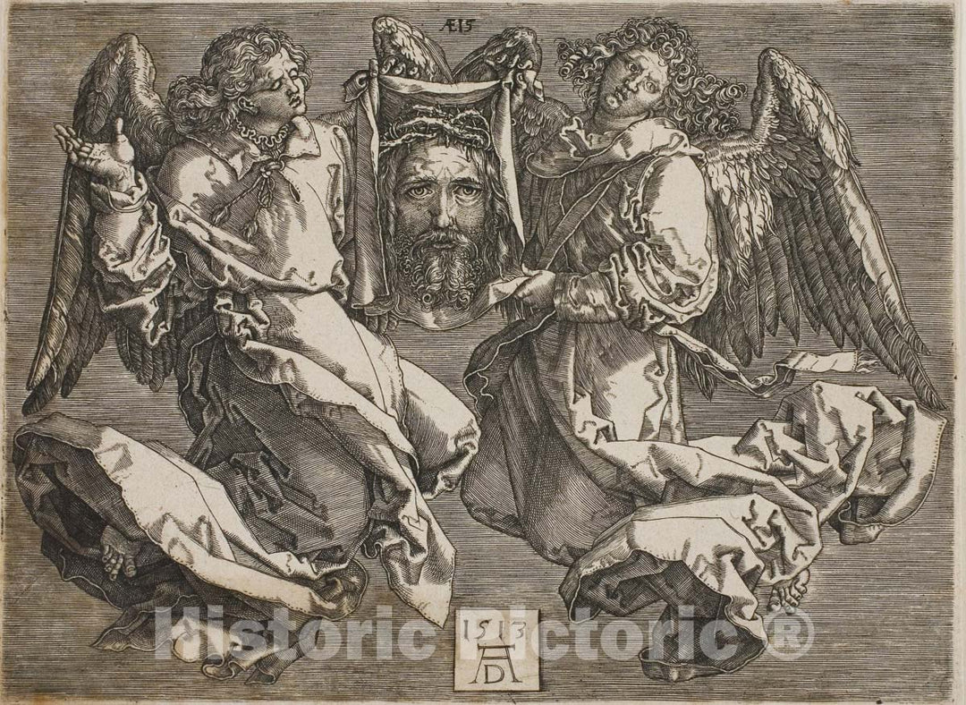 Art Print : Sudarium Displayed by Two Angels, Jerome Wierix, 1568, Vintage Wall Decor :