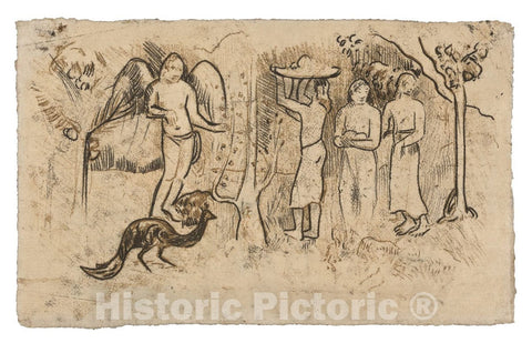Art Print : Angel, Peacock, and Three Tahitians, Paul Gauguin, c 1888, Vintage Wall Decor :