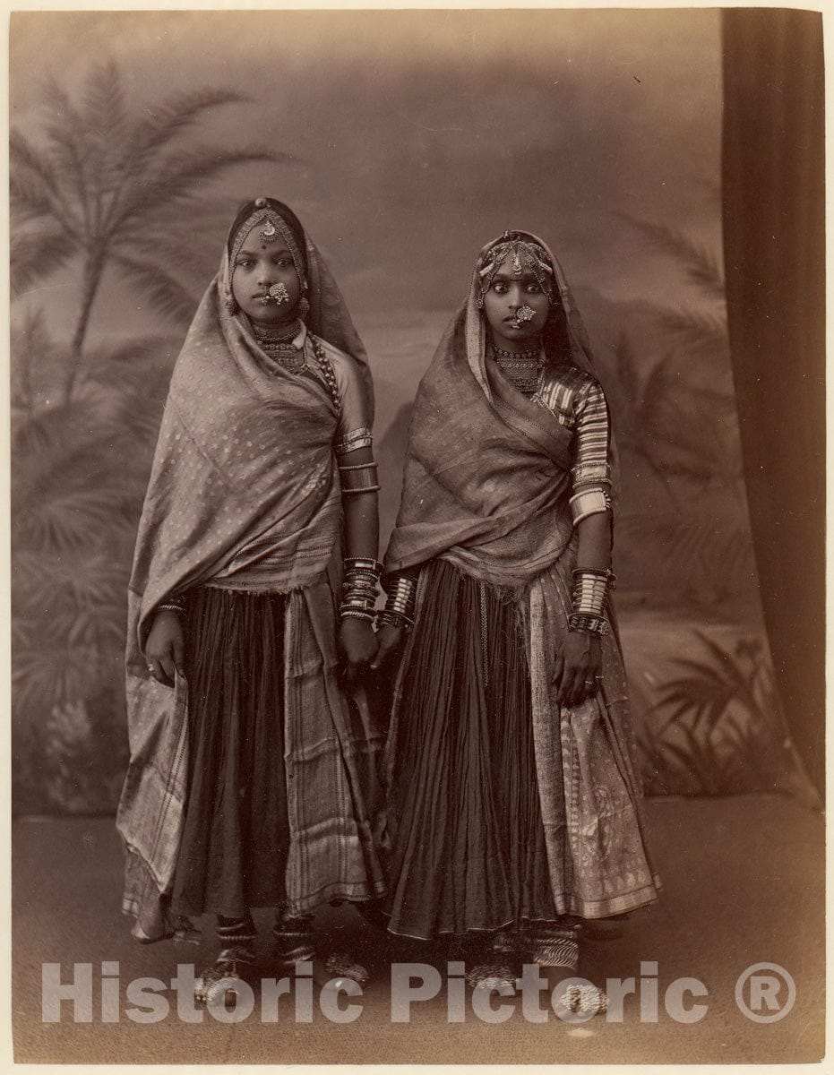 Photo Print : Two Hindu Women in Elaborate Jewelry, Before Studio Backdrop with Palm Trees : Vintage Wall Art