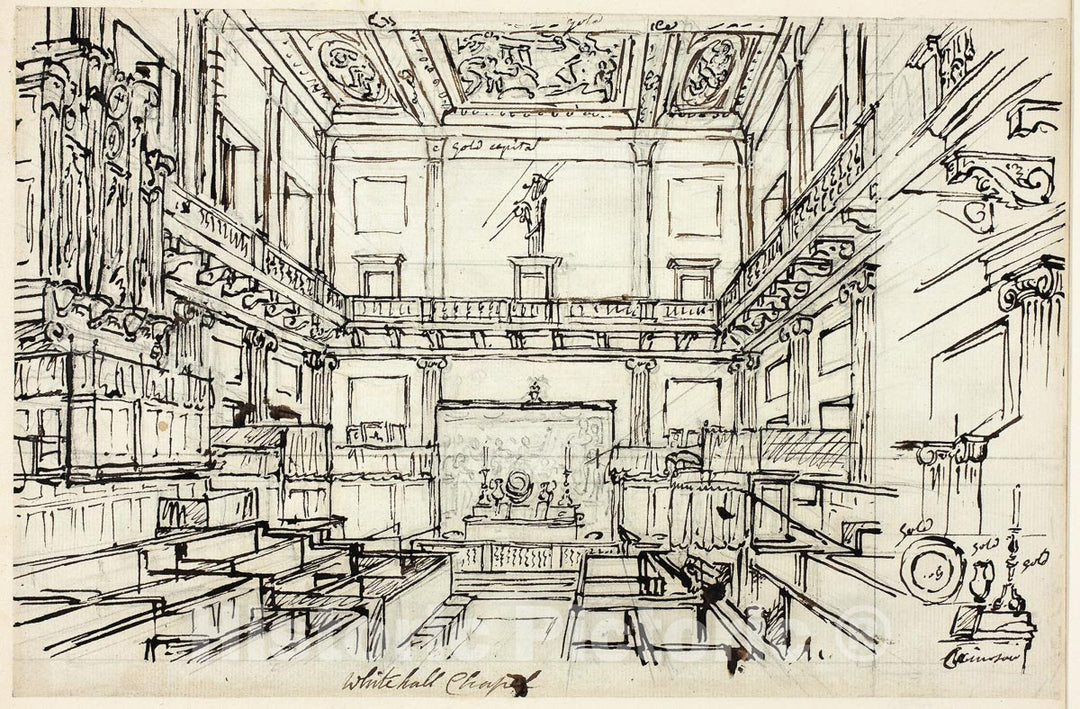 Art Print : Study for Whitehall Chapel, from Microcosm of London, Augustus Charles Pugin, c.1600, Vintage Wall Decor :