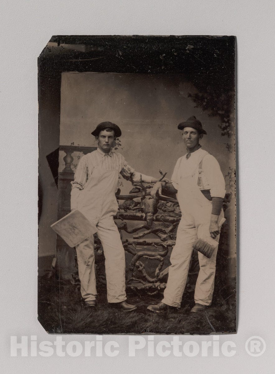 Art Print : Two Plasterers in Overalls Leaning on a Rustic Fence - Artist Unknown : Vintage Wall Art