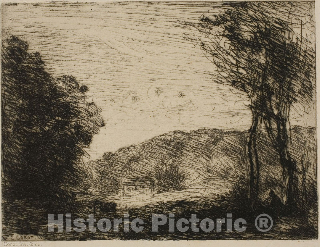 Art Print : Wooded Countryside, Jean Baptiste Camille Corot, c 1880, Vintage Wall Decor :