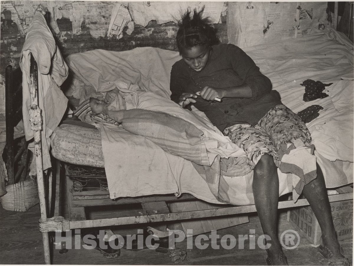 Photo Print : Russell Lee - African American Mother and Child on Bed in Their Cabin Near Jefferson, Texas : Vintage Wall Art