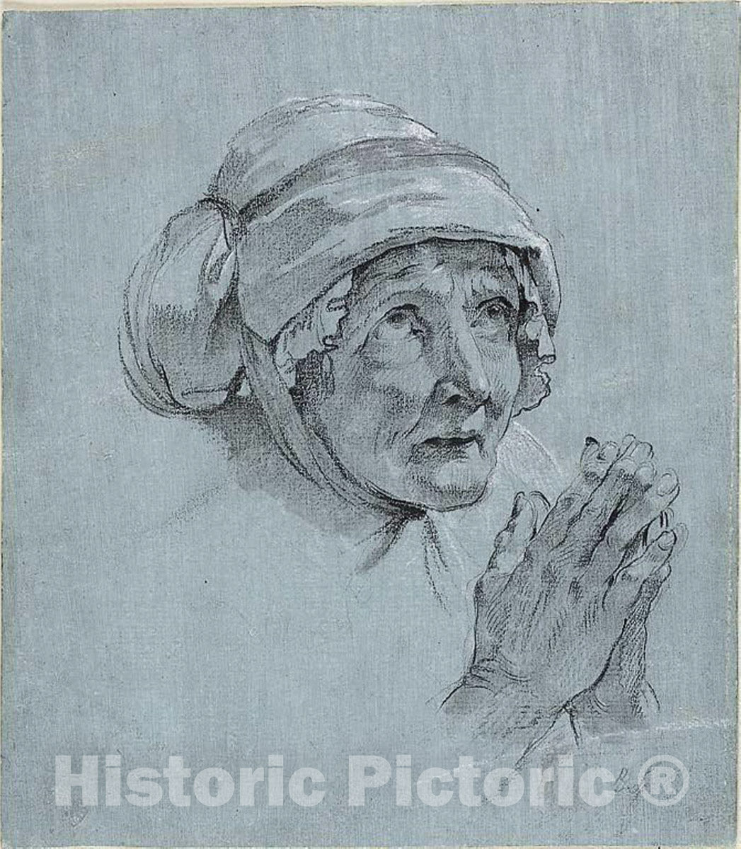 Art Print : Study of the Head and Hands of an Old Woman Looking Up, Nicolas Bernard Lepicie, c.1698, Vintage Wall Decor :