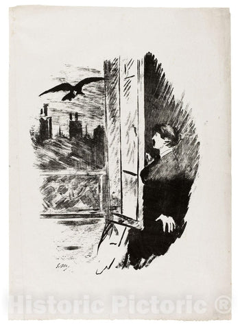 Art Print : At the window ("Open here I flung the shutter..."), from The Raven (Le Corbeau), edouard Manet, c.1888, Vintage Wall Decor :