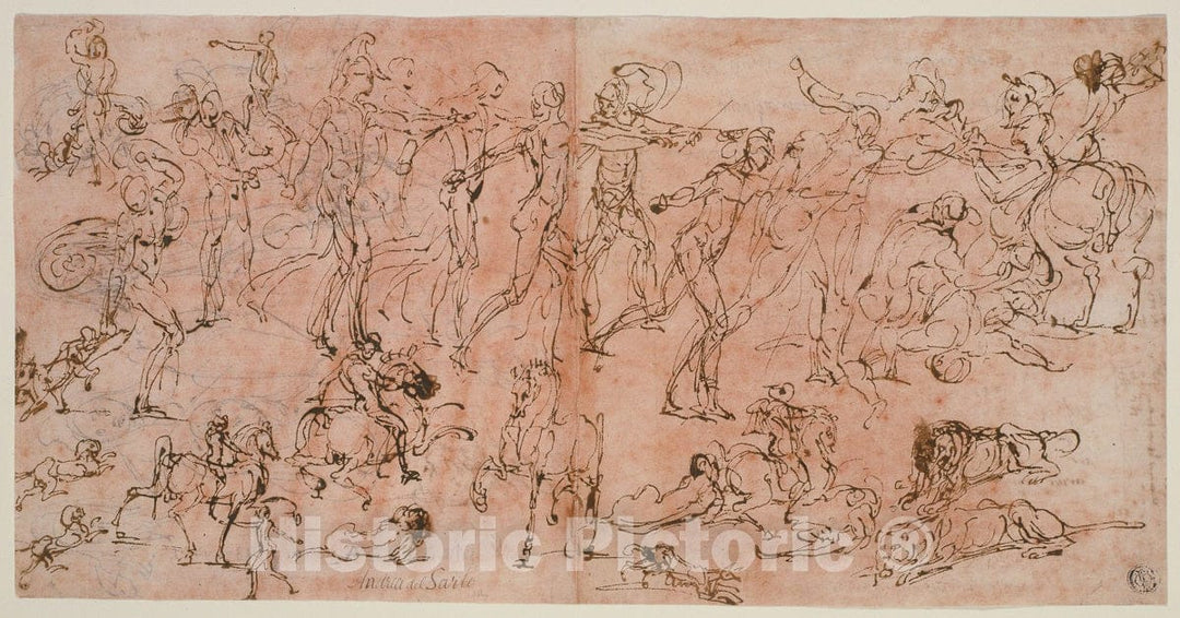 Art Print : Studies of Warriors, Horsemen, and Lions, Perino del Vaga, c 1814, Vintage Wall Decor :