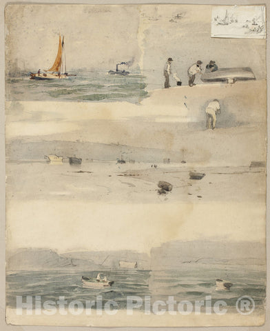 Art Print : Sketches of Marine Scenes (recto); Two Sketches: Twoer Beside Stormy Coast, Cloudy Seascape, edouard Manet, c 1920, Vintage Wall Decor :