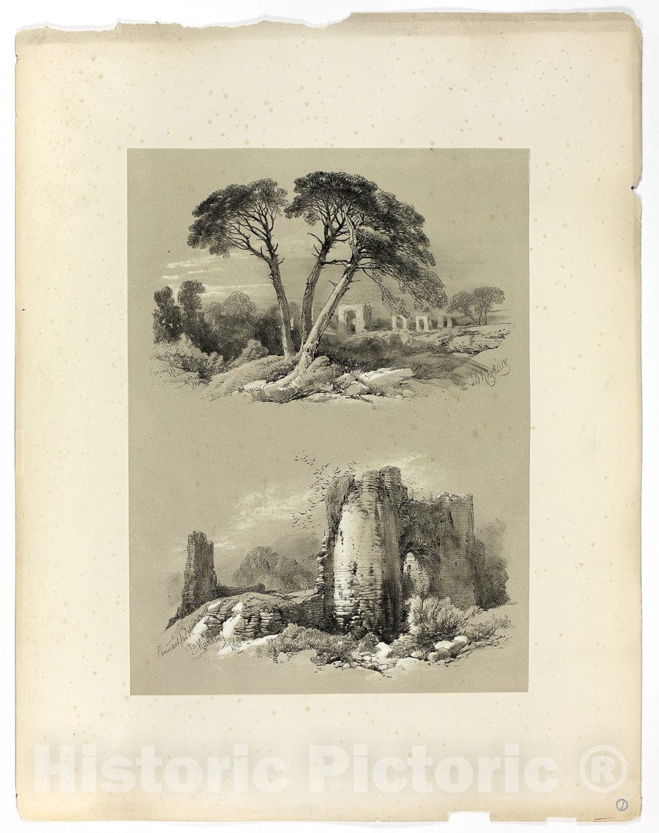 Art Print : Frejus and Pennard Castle, from Picturesque Selections, James Duffield Harding, c 1859, Vintage Wall Decor :
