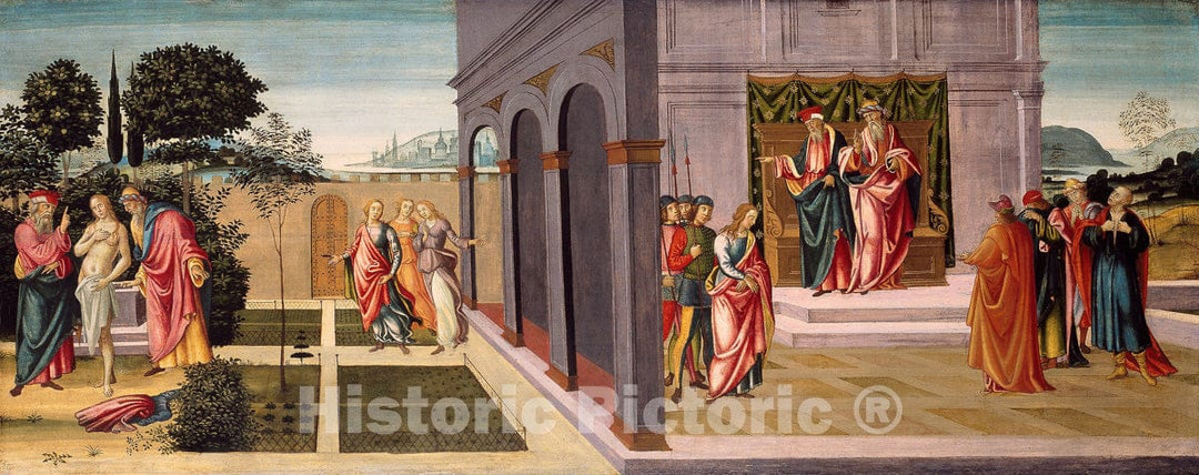 Art Print : Susanna and the Elders in the Garden, and the Trial of Susanna before the Elders, Master of Apollo and Daphne, c 1495, Vintage Wall Decor :