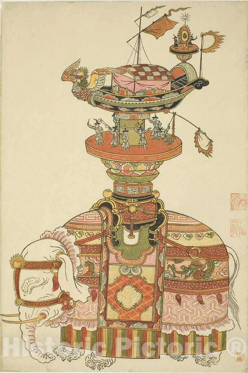 Art Print : Mechanical Elephant with Festival Barge and Korean Musicians, Komatsuya Hyakki, c 1765, Vintage Wall Decor :
