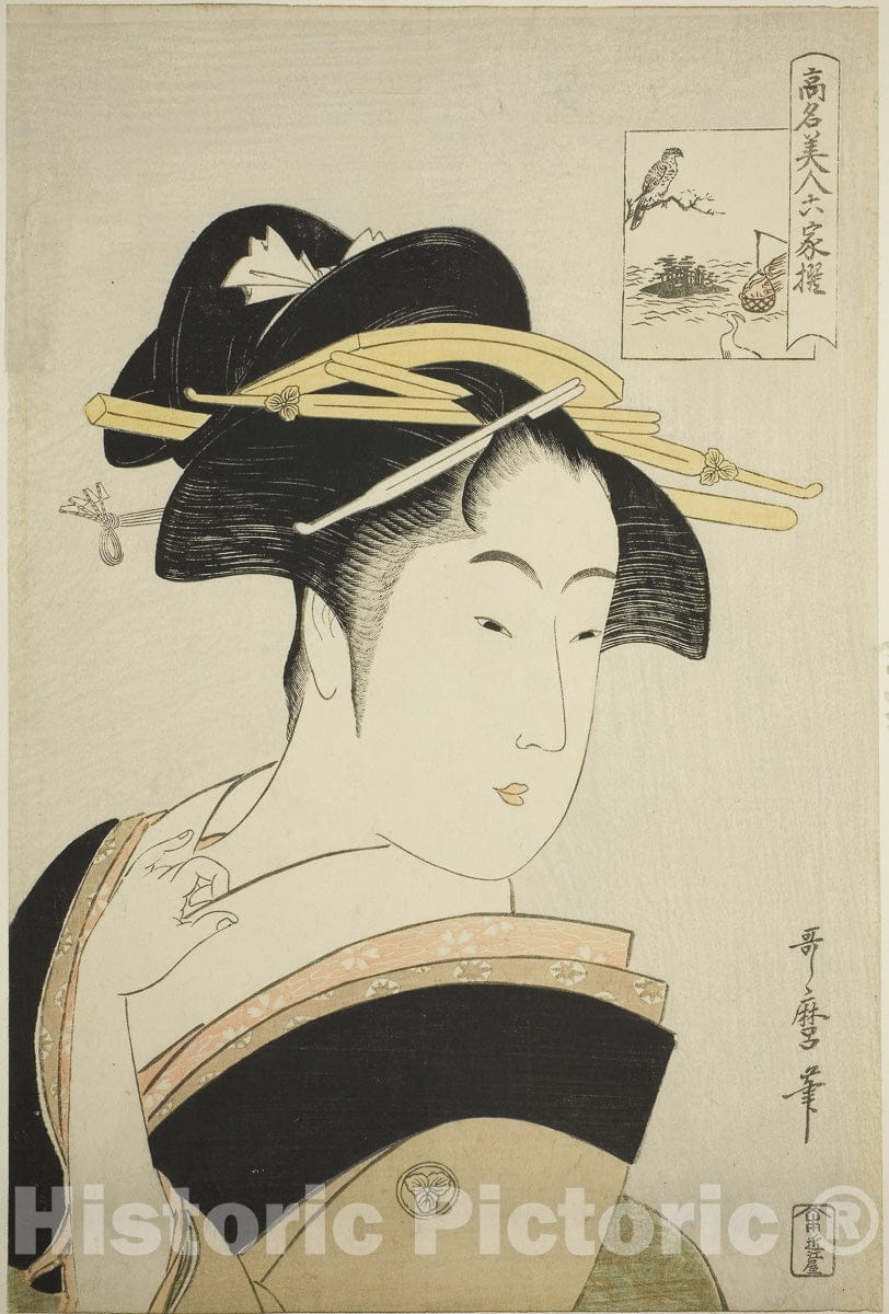 Art Print : Takashima Ohisa, from the series "Renowned Beauties Likened to the Six Immortal Poets (Komei bijin rokkasen)", Kitagawa Utamaro, c 1857, Vintage Wall Decor :