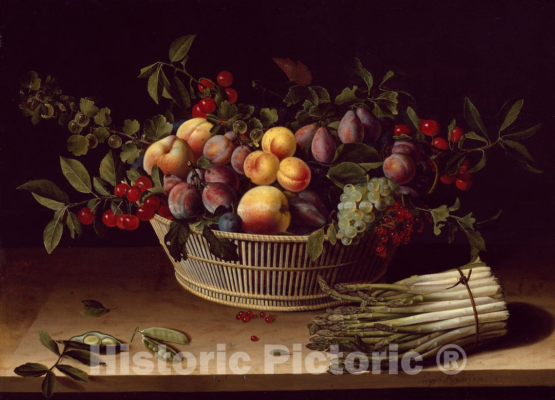 Art Print : Still Life with a Basket of Fruit and a Bunch of Asparagus, Louise Moillon, 1630, Vintage Wall Decor :