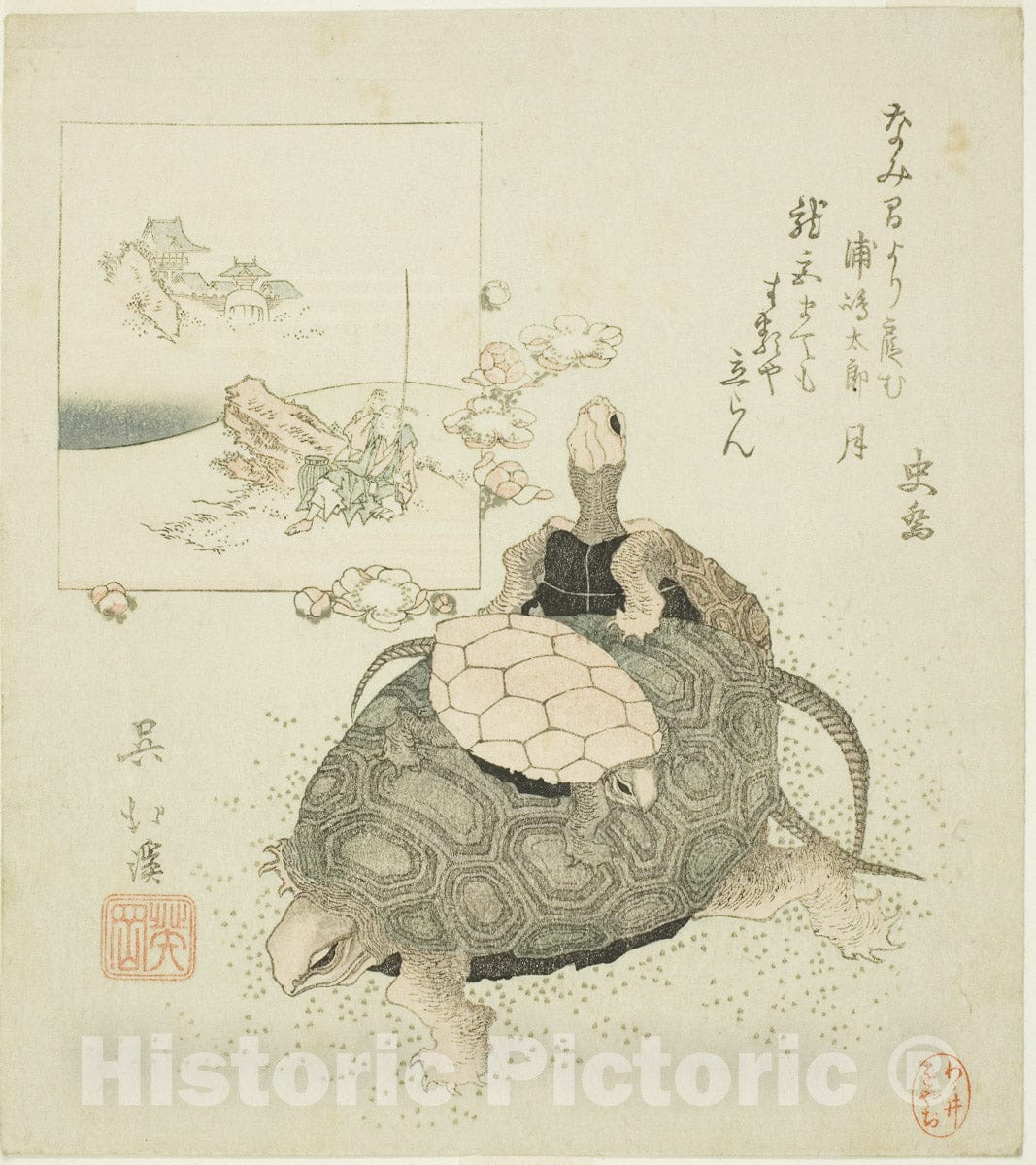 Art Print : Sea turtles and Urashima Taro, Totoya Hokkei, c1880, Vintage Wall Decor :