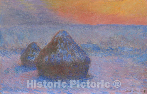 Art Print : Stacks of Wheat (Sunset, Snow Effect), Claude Monet, c 1863, Vintage Wall Decor :