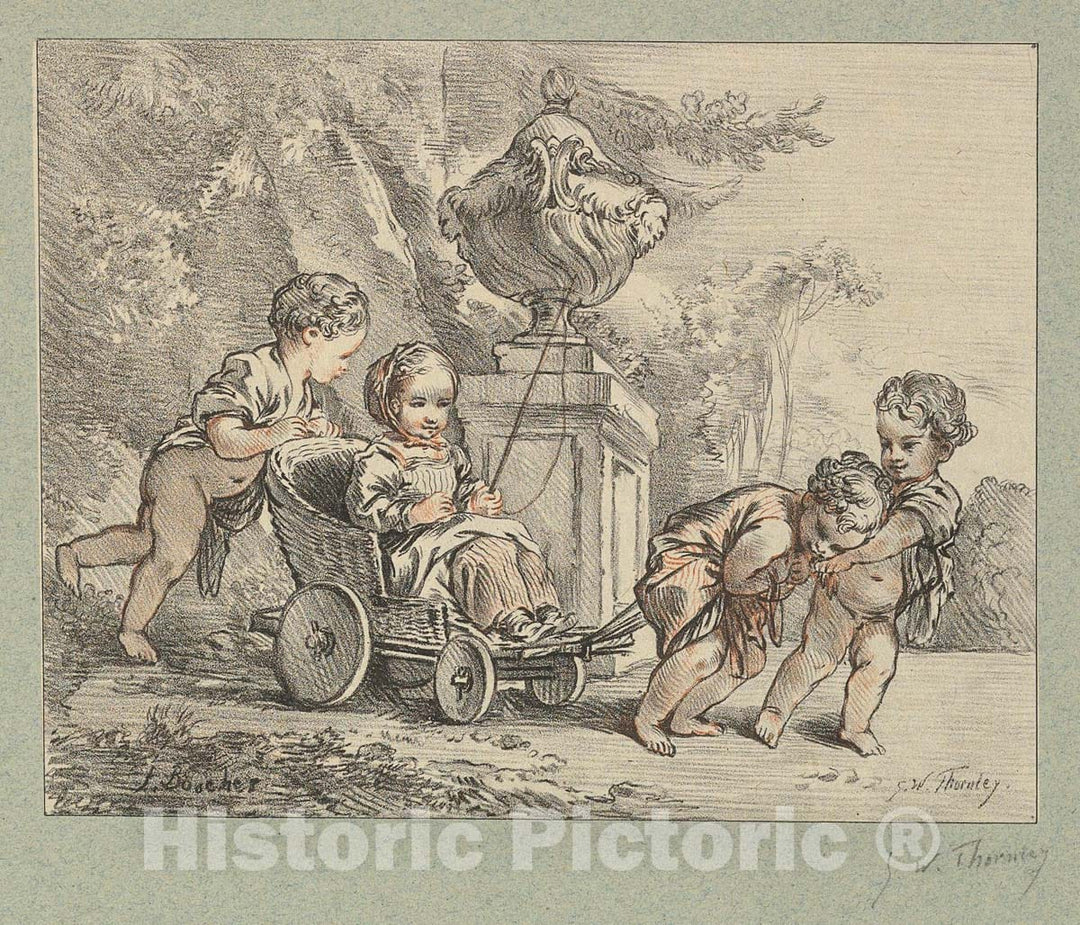 Art Print : George William Thornley - Four Children Playing with a Child's Carriage : Vintage Wall Art