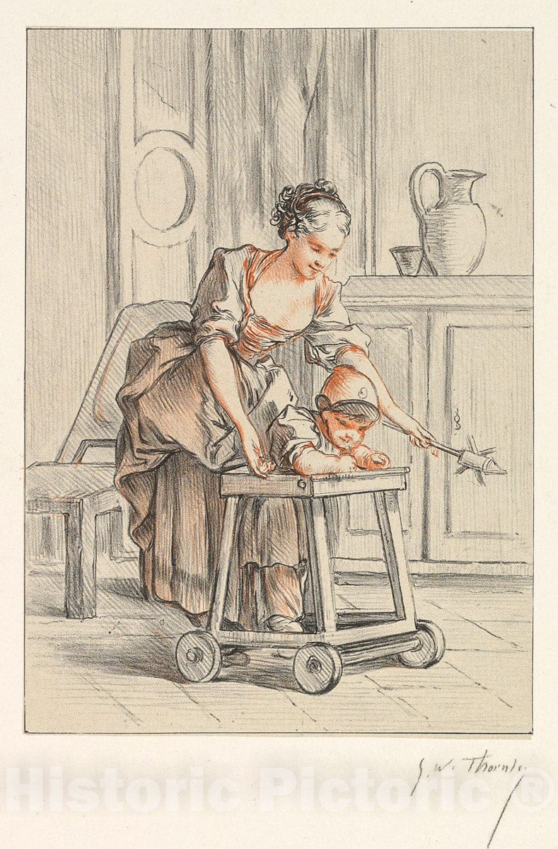 Art Print : George William Thornley - Woman Assisting a Child in a Go-Cart : Vintage Wall Art