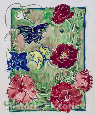 Art Print : Prendergast  - Large Boston Public Garden Sketchbook: Flowers and butterflies : Vintage Wall Art