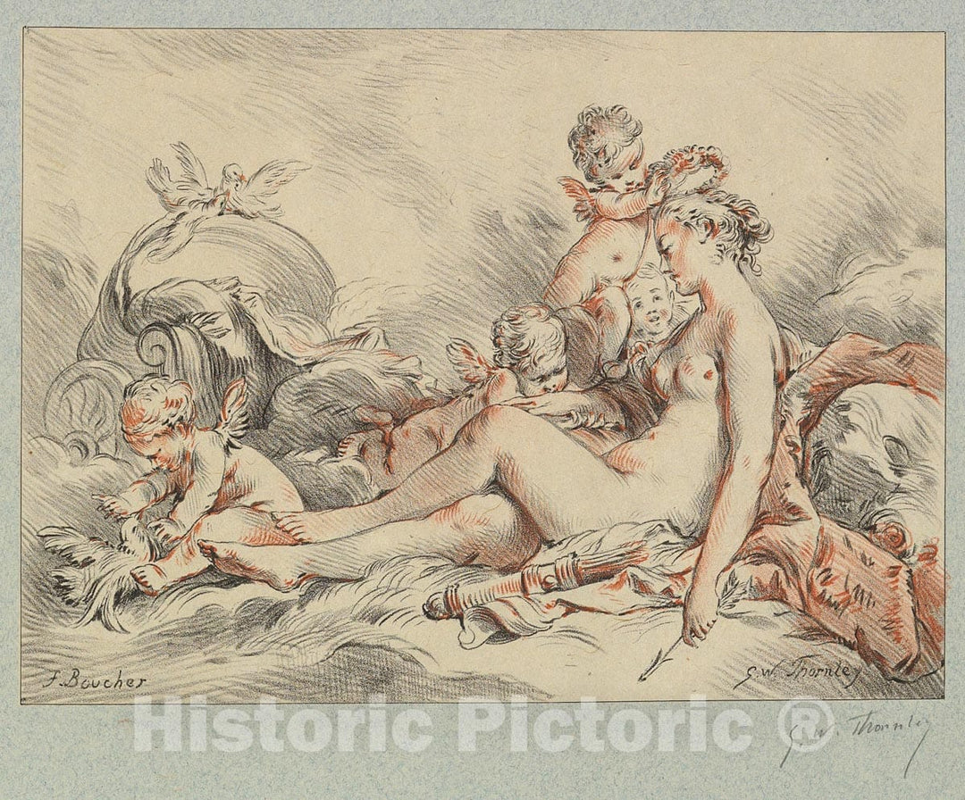 Art Print : George William Thornley - Woman Seated Holding an Arrow and Four Putti (Venus Holiding Cupid's Arrow with a Quiver by Her Side) : Vintage Wall Art
