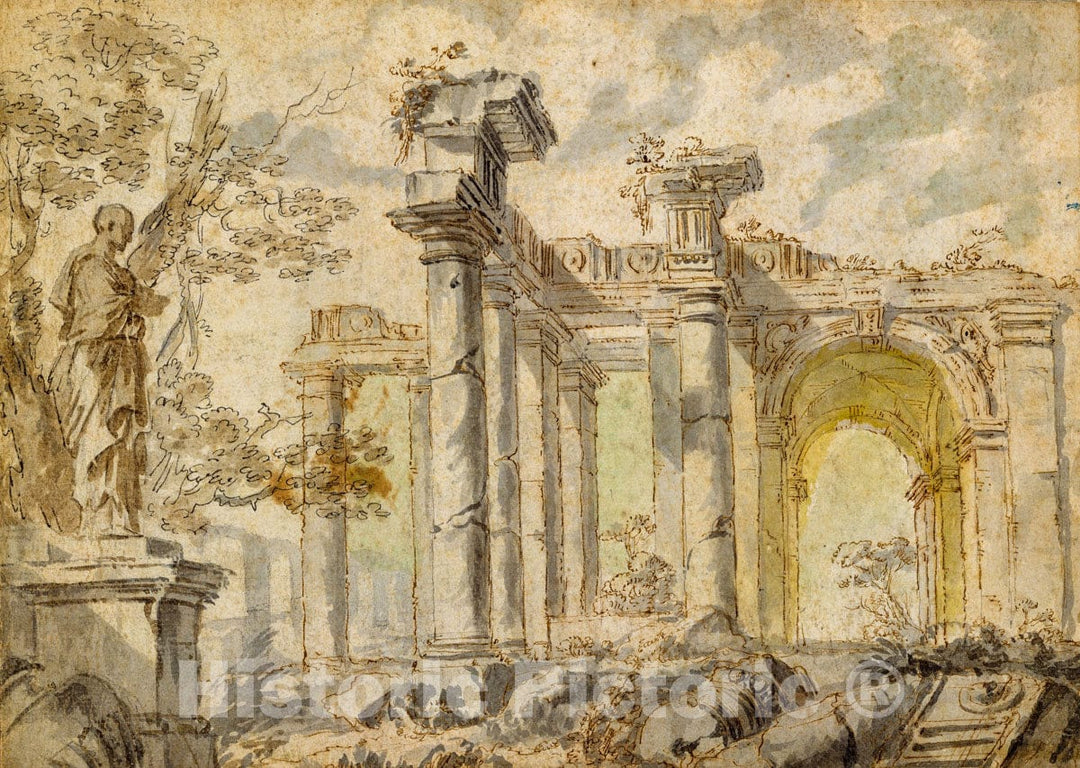 Art Print : Giovanni Paolo Panini - Ruins, with a Statue on the Left : Vintage Wall Art