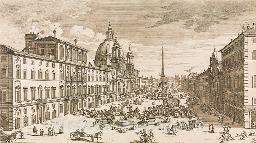 Art Print : Gomar Wouters - View of the Piazza Navona, Rome, with the church of St Agnese at left and Bernini's fountain in the middle : Vintage Wall Art