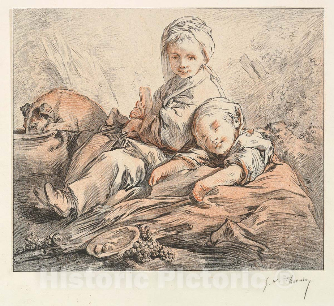 Art Print : George William Thornley - Two Seated Children : Vintage Wall Art
