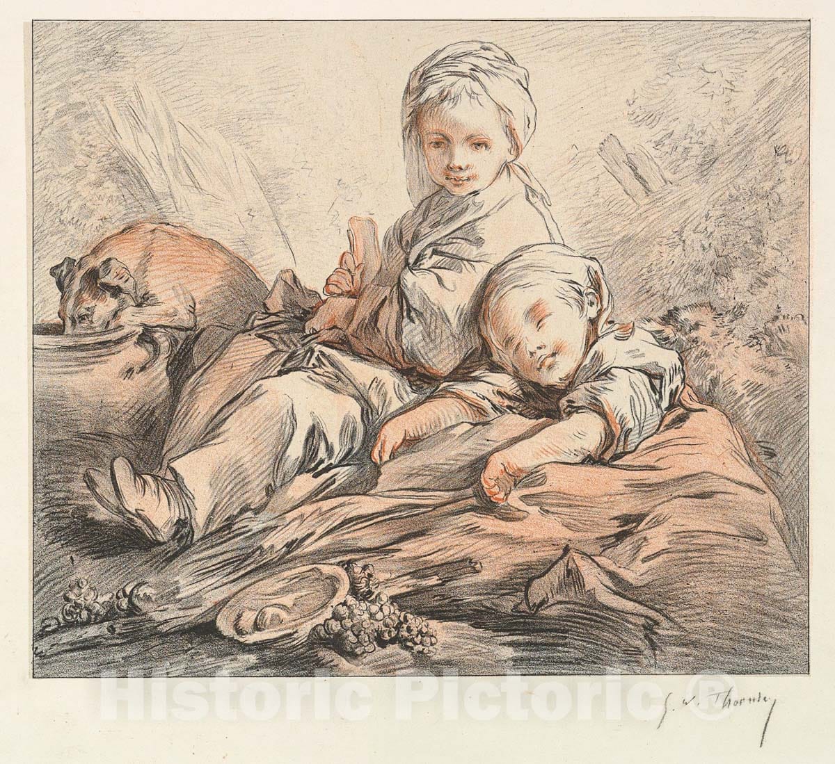 Art Print : George William Thornley - Two Seated Children : Vintage Wall Art