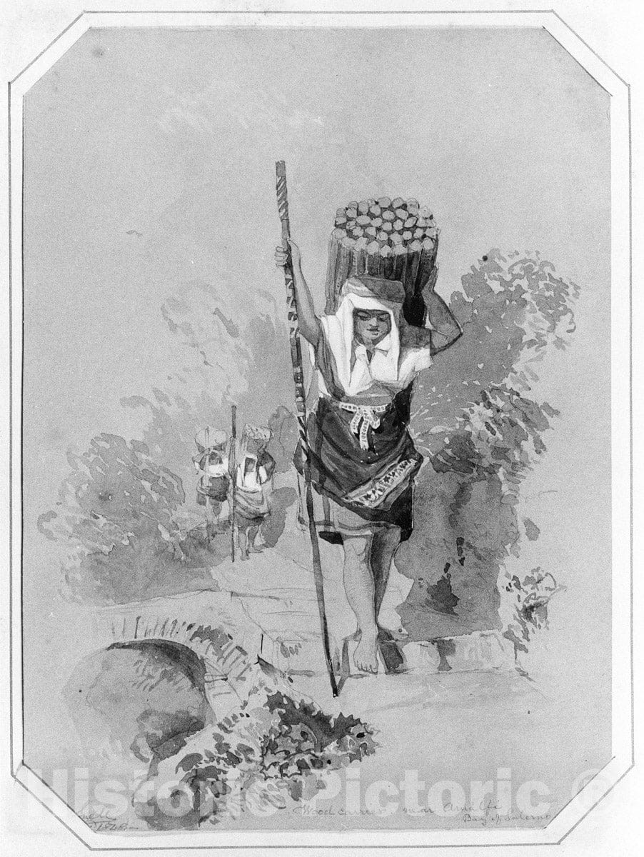 Art Print : George Snell - Wood Carrier, near Amalfi (from Cropsey Album) : Vintage Wall Art