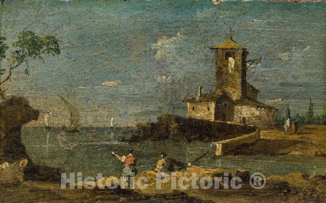 Art Print : Follower of Francesco Guardi - Capriccio with a Square Tower and Two Houses : Vintage Wall Art