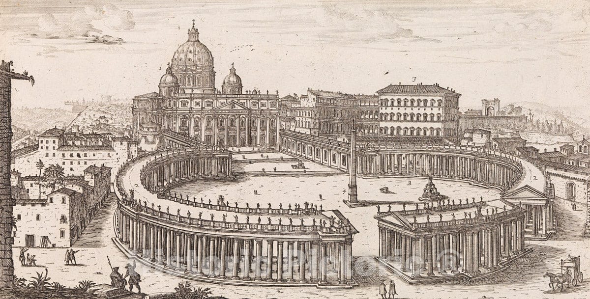 Art Print : Giovanni Battista Falda - Piazza e Portici della Basilica Vaticana from: Il Nuovo Teatro delle Fabbriche : Vintage Wall Art