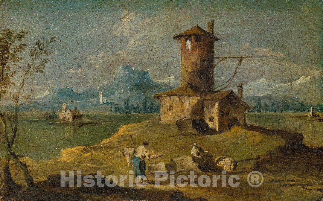 Art Print : Follower of Francesco Guardi - Capriccio with an Island, a Tower, and Houses : Vintage Wall Art