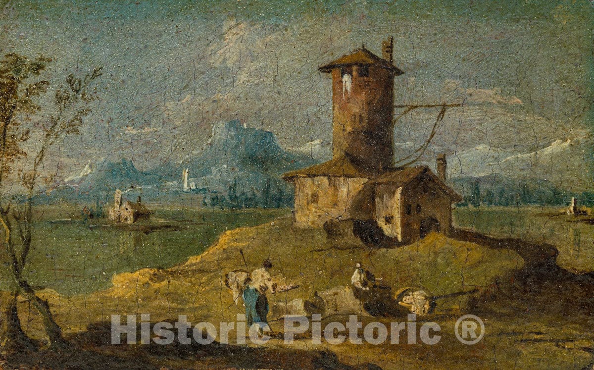 Art Print : Follower of Francesco Guardi - Capriccio with an Island, a Tower, and Houses : Vintage Wall Art