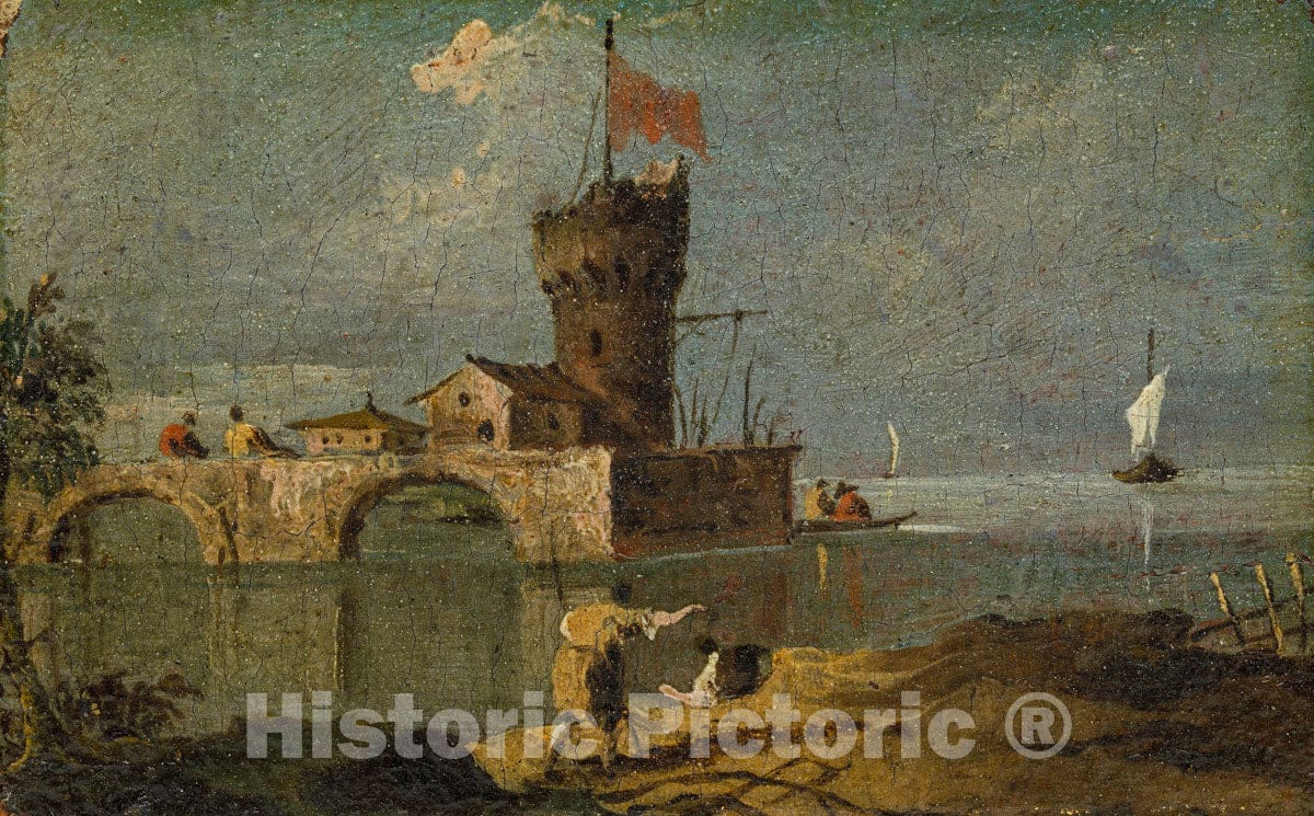 Art Print : Follower of Francesco Guardi - Capriccio with a Circular Tower, Two Houses, and a Bridge : Vintage Wall Art