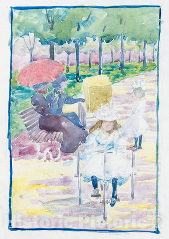 Art Print : Prendergast  - Large Boston Public Garden Sketchbook: A girl riding a tricycle in the park : Vintage Wall Art