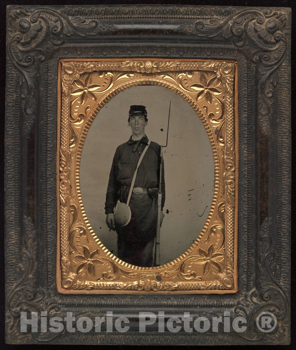 Photo Print : Civil War Union Soldier with Rifle and Canteen, in Studio - Artist Unknown : Vintage Wall Art