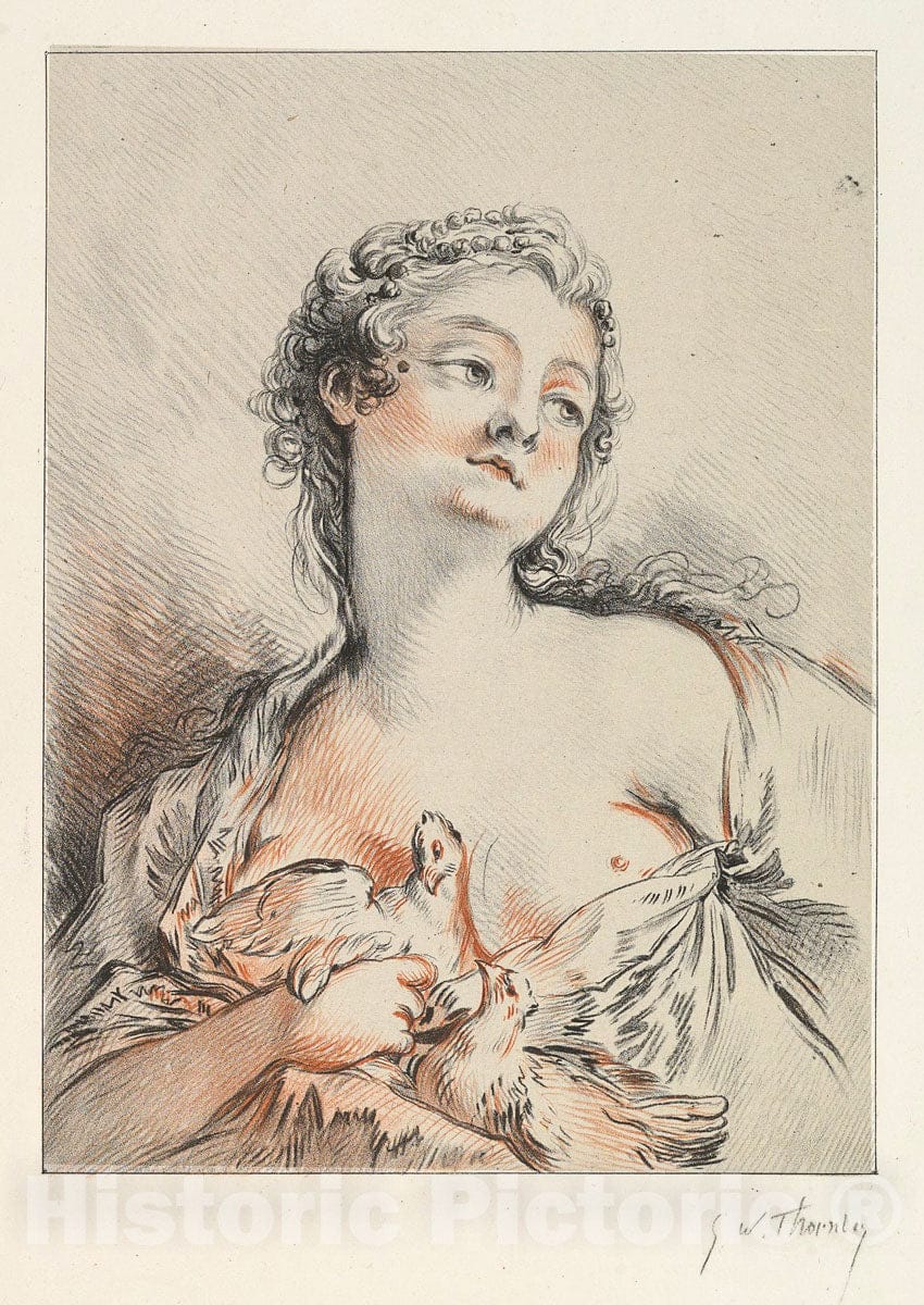 Art Print : George William Thornley - Half-length of a Woman Holding Two Chickens : Vintage Wall Art