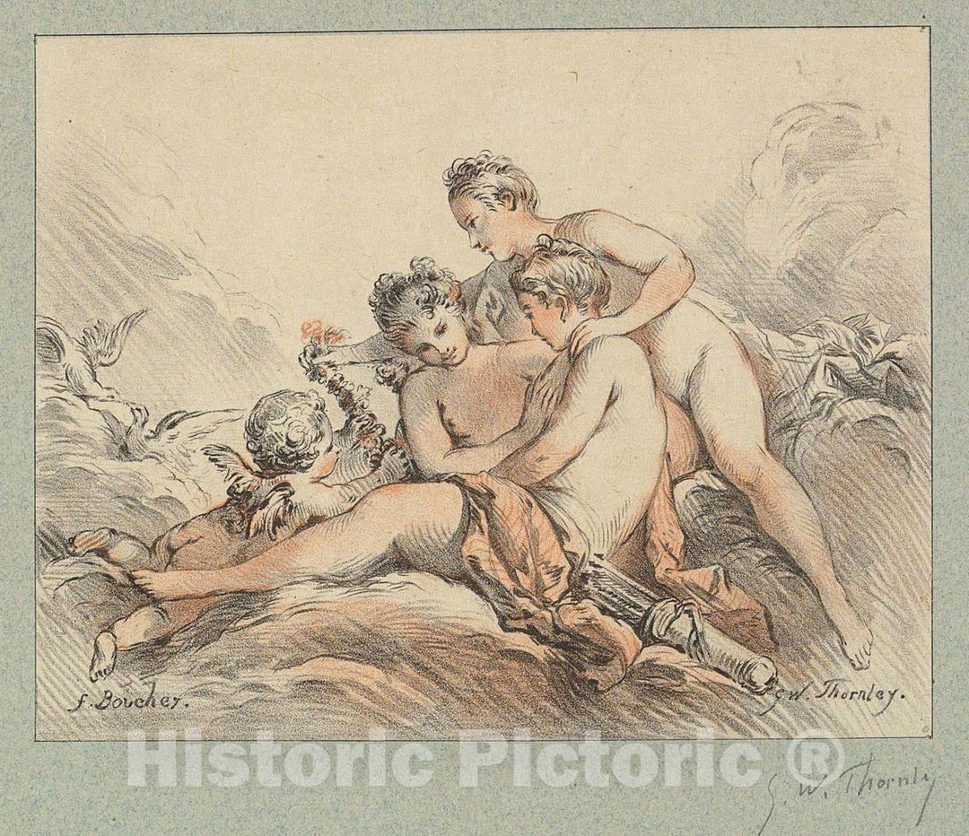 Art Print : George William Thornley - Three Young Women and Cupid : Vintage Wall Art