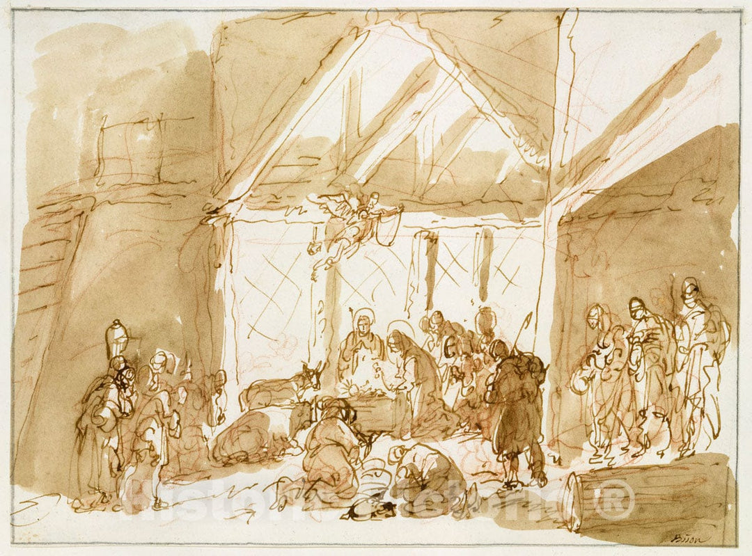 Art Print : Giuseppe Bernardino Bison - The Nativity of Christ, with Shepherds and Kings in Adoration : Vintage Wall Art