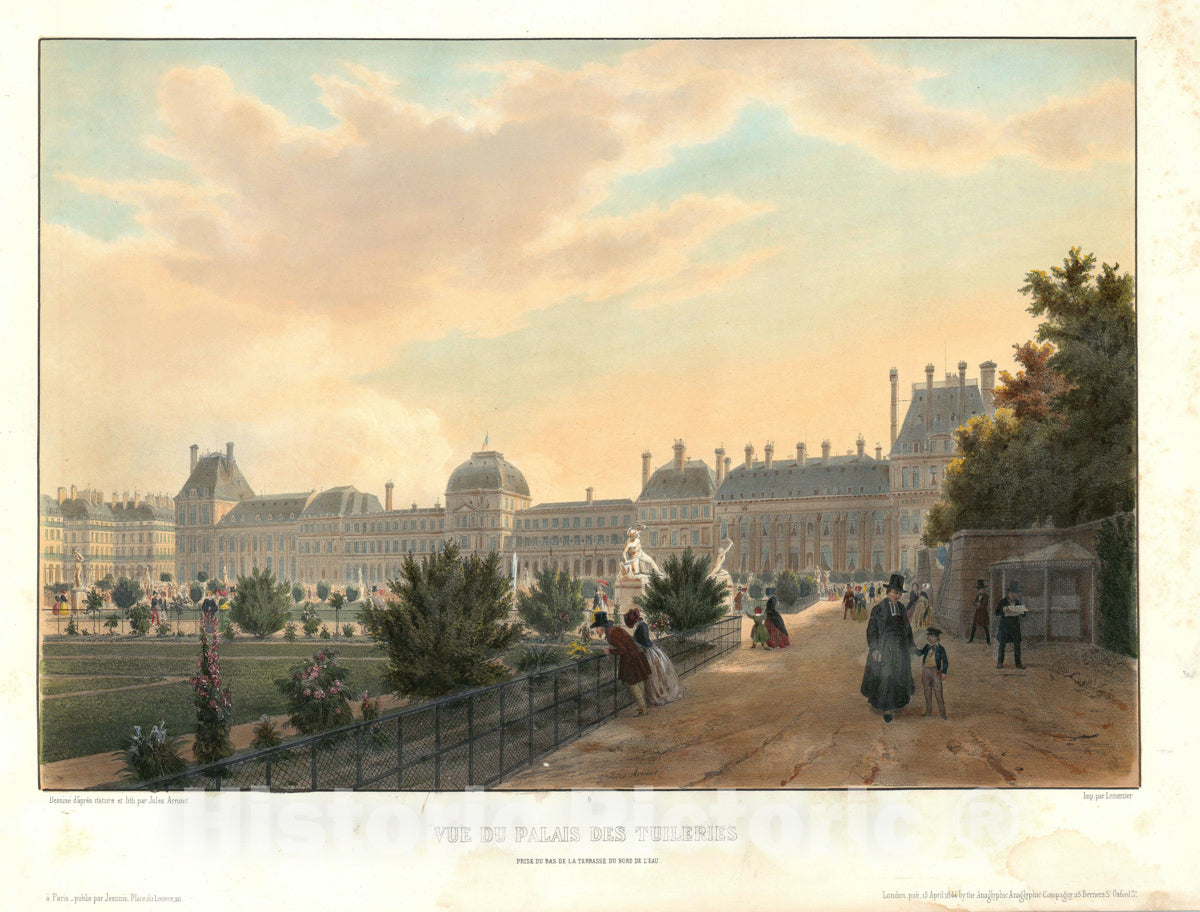 Art Print : View of Palais des Tuileris in Paris, France, Arnout, 1845, Vintage Wall Art