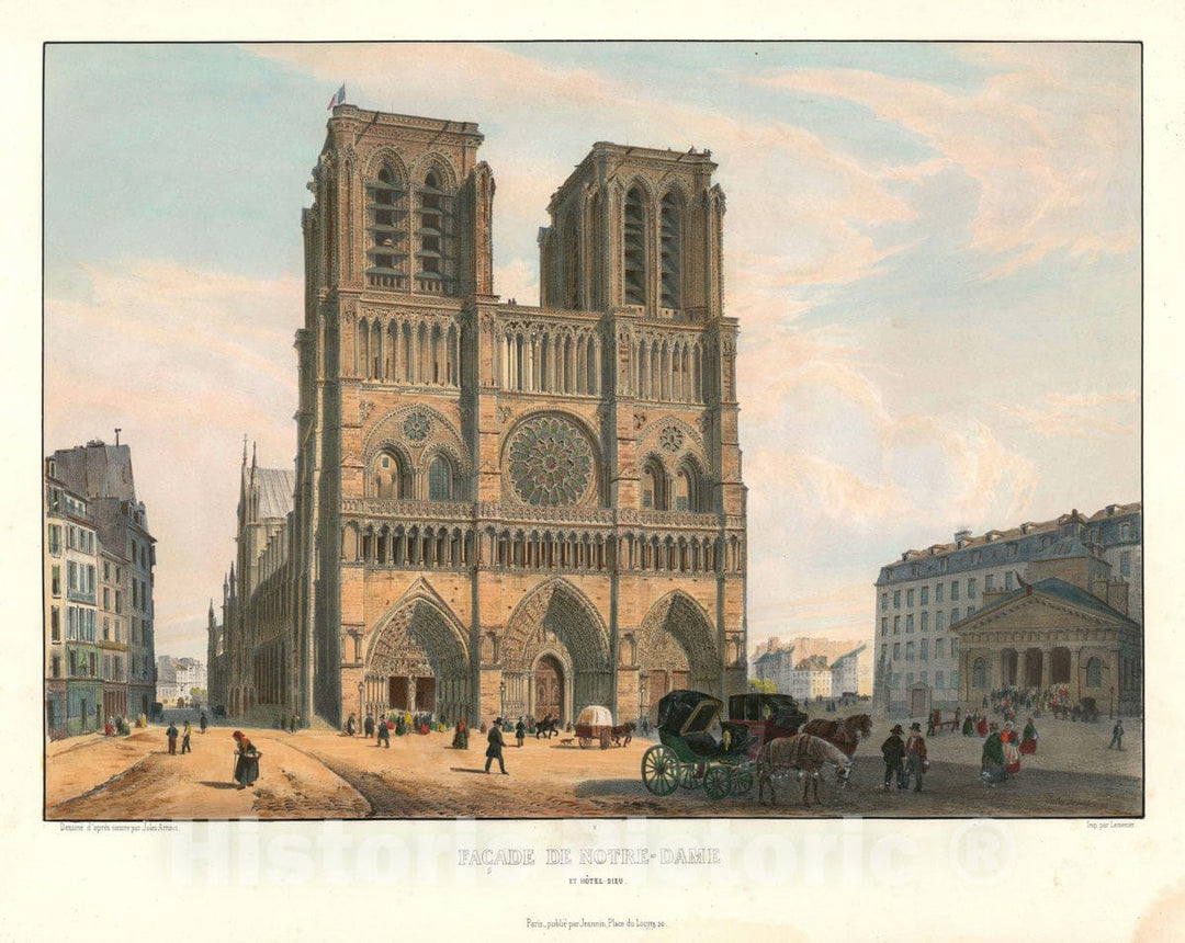 Art Print : View of Façade of Notre Dame Cathedral in Paris, France, Arnout, 1845, Historic Wall Art