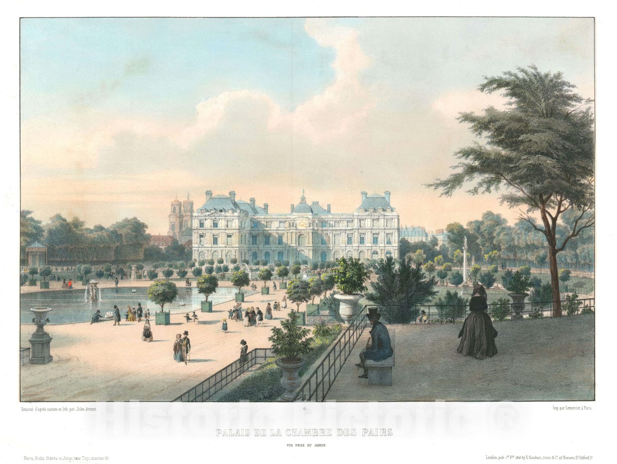 Art Print : View of Palas du Luxembourg and The Jardin du Luxembourg, Paris, Arnout, 1845, Vintage Wall Art