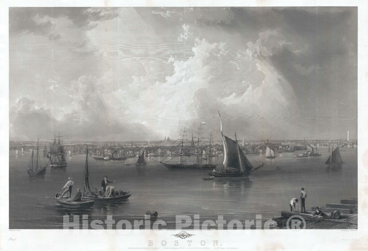 Art Print : Boston Harbor "proof state", J. W. Hill, 1857, Vintage Wall Art