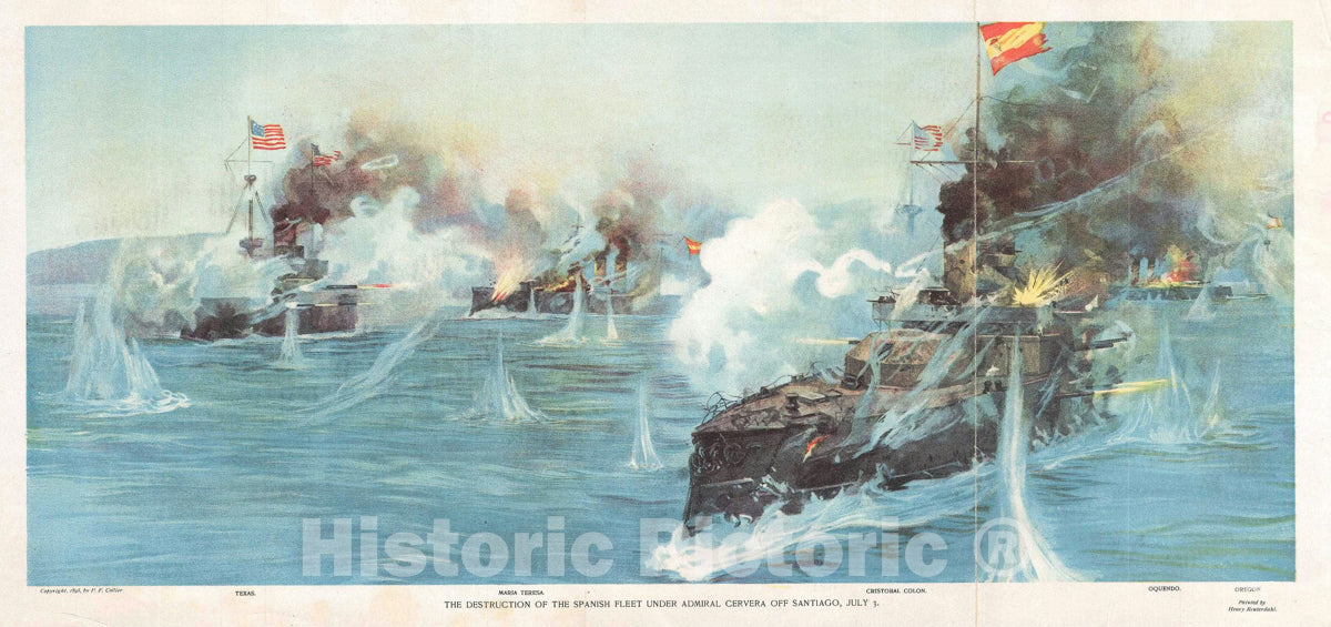 Art Print : Battle of Santiago de Cuba, Reuterdahl, 1898, Vintage Wall Art