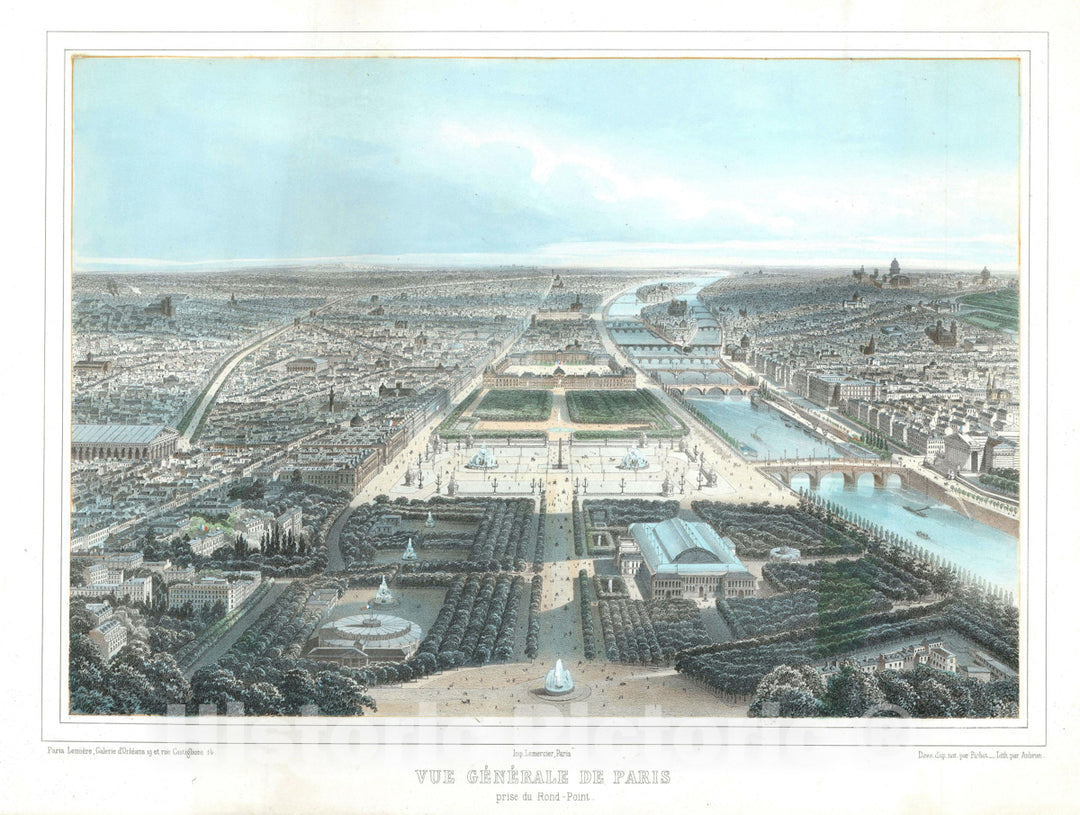 Art Print : Bird's Eye View Paris, France, Fichot, 1855, Vintage Wall Art