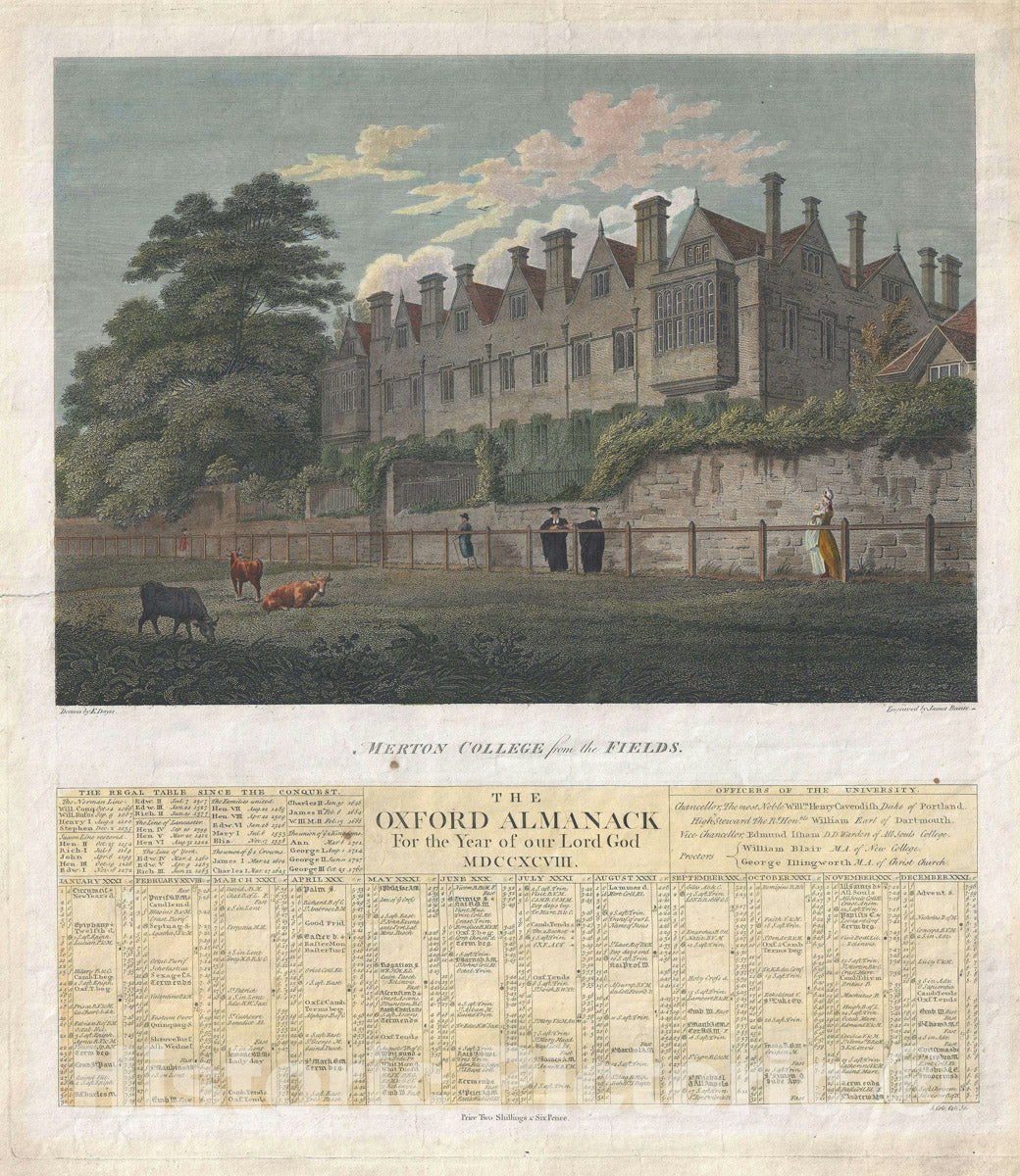 Art Print : View of Merton College, Oxford, England, Dayes and Basire, 1798, Vintage Wall Art