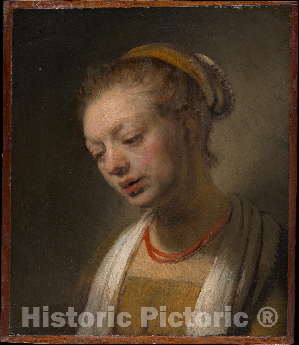 Art Print : Style of Rembrandt - Young Woman with a Red Necklace : Vintage Wall Art