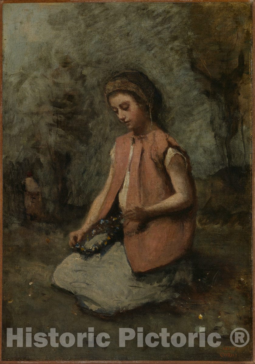 Art Print : Camille Corot - Girl Weaving a Garland : Vintage Wall Art